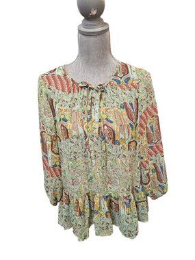 PPLA Peasant Blouse Paisley Green Multi Color Sheer Boho Ruffle Small NWOT